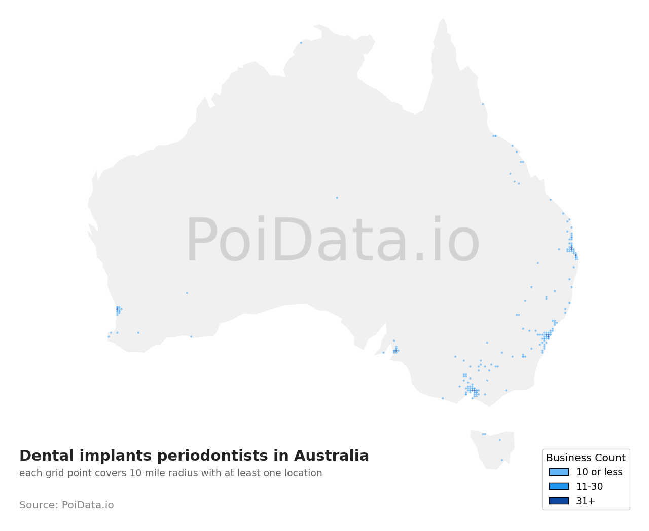 Dental implants periodontist density map for Australia
