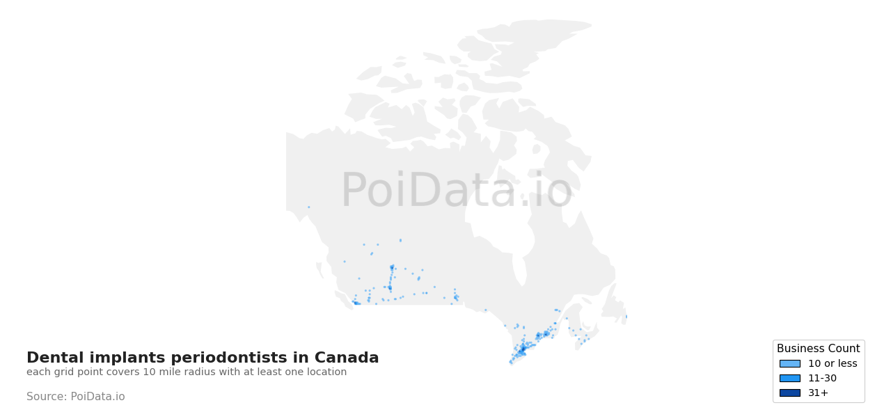 Dental implants periodontist density map for Quebec, Canada