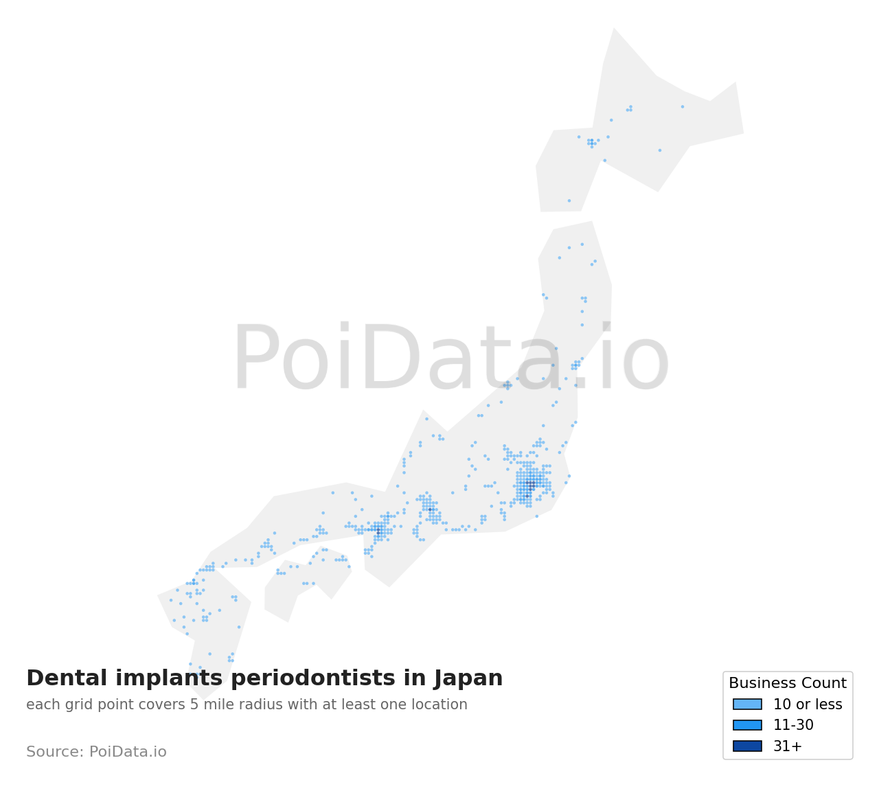 Dental implants periodontist density map for Japan