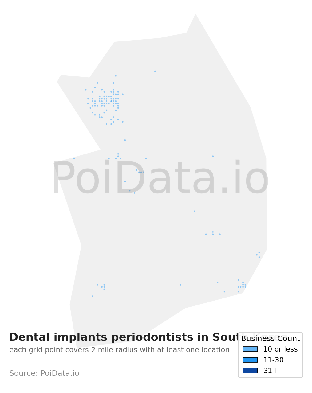 Dental implants periodontist density map for South Korea