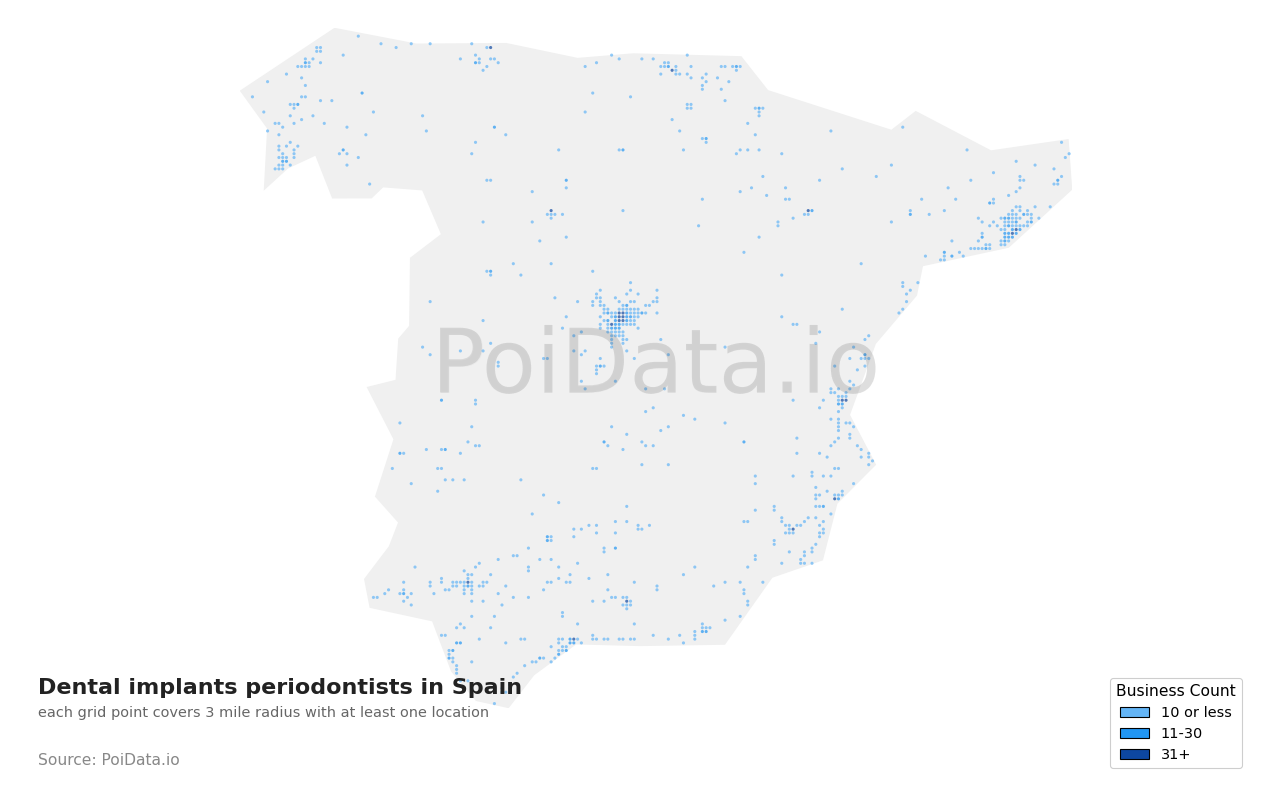 Dental implants periodontist density map for Spain