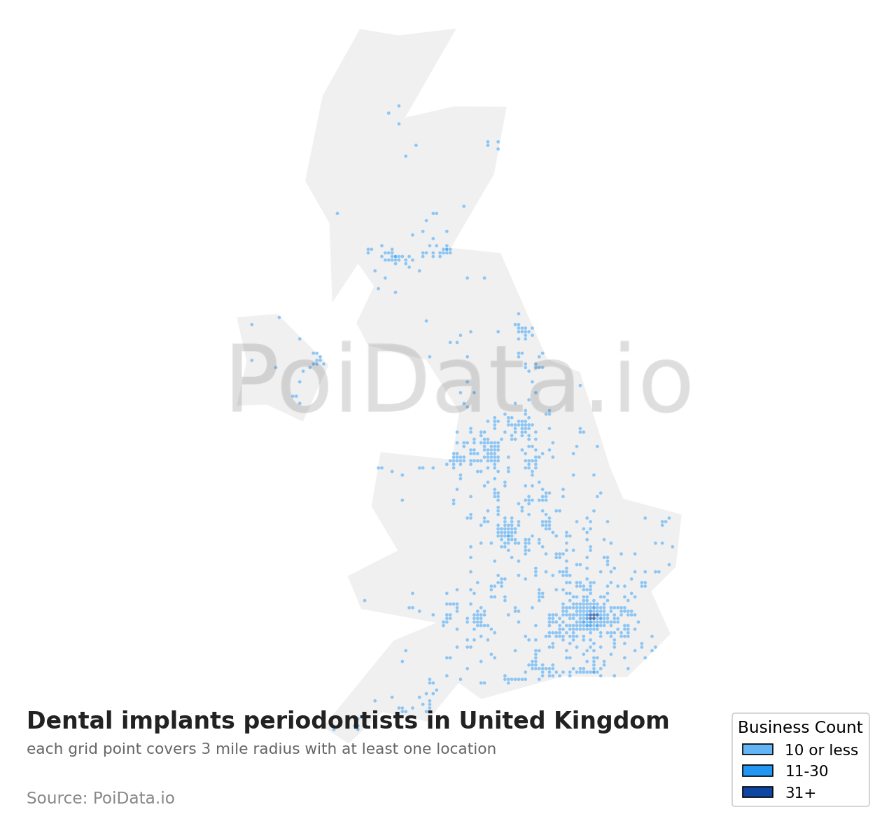 Dental implants periodontist density map for United Kingdom
