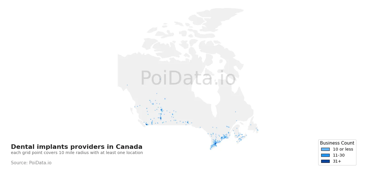 Dental implants provider density map for Canada
