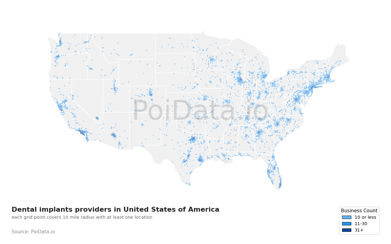 Dental implants provider density map for United States