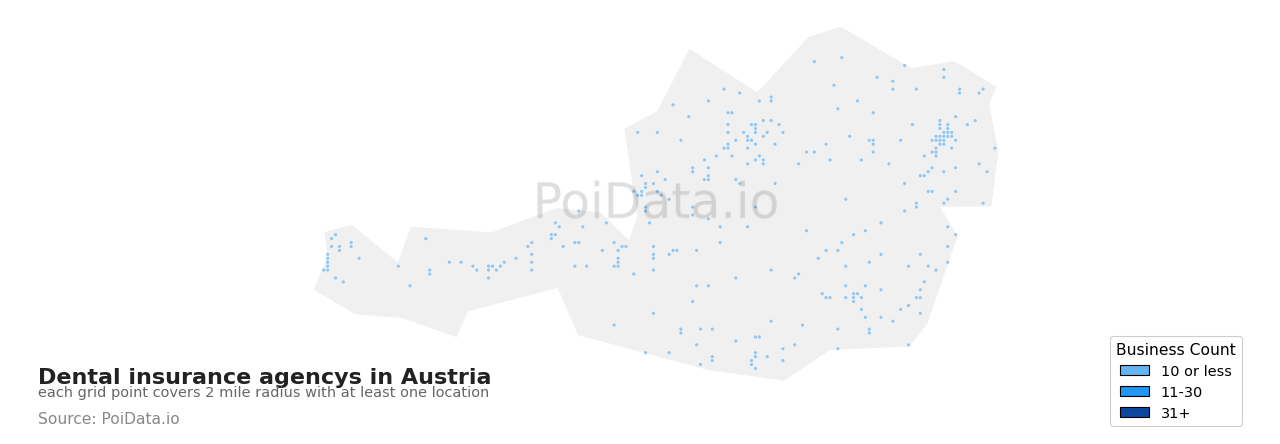 Dental insurance agency density map for Austria