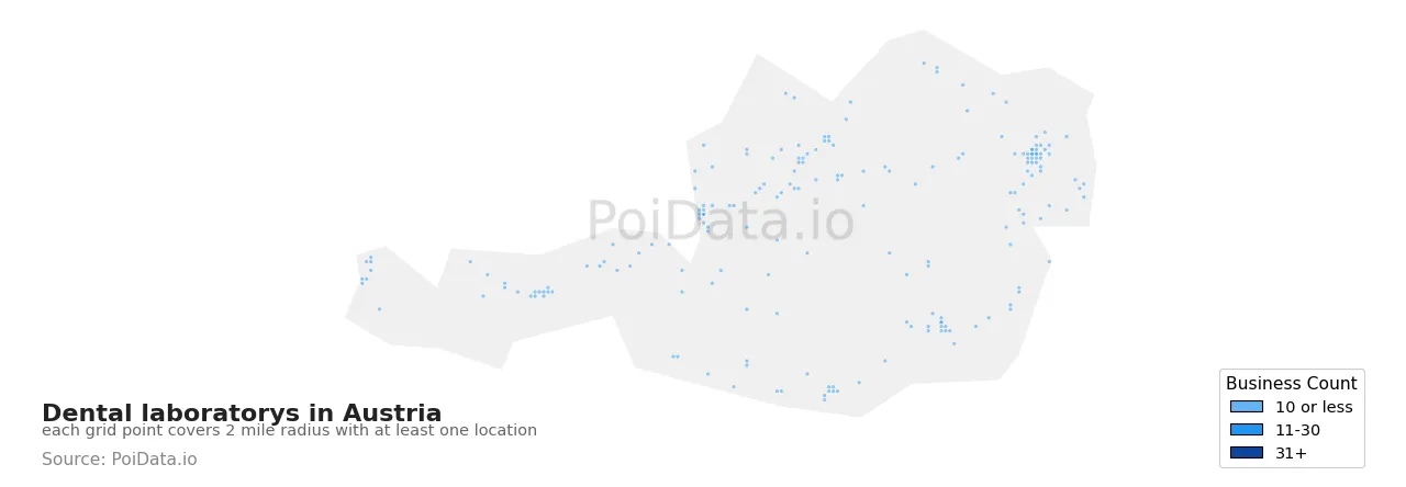 Dental laboratory density map for Austria