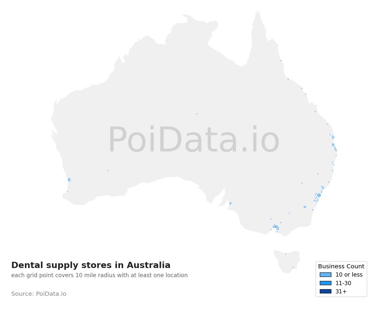 Dental supply store density map for Australia