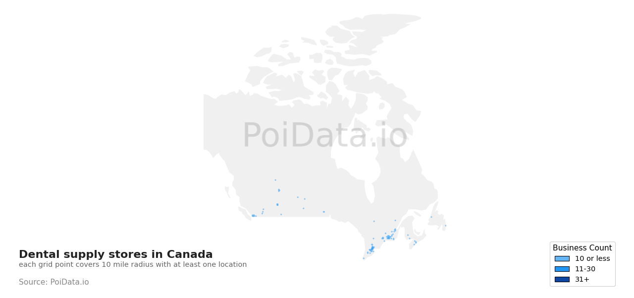 Dental supply store density map for Canada