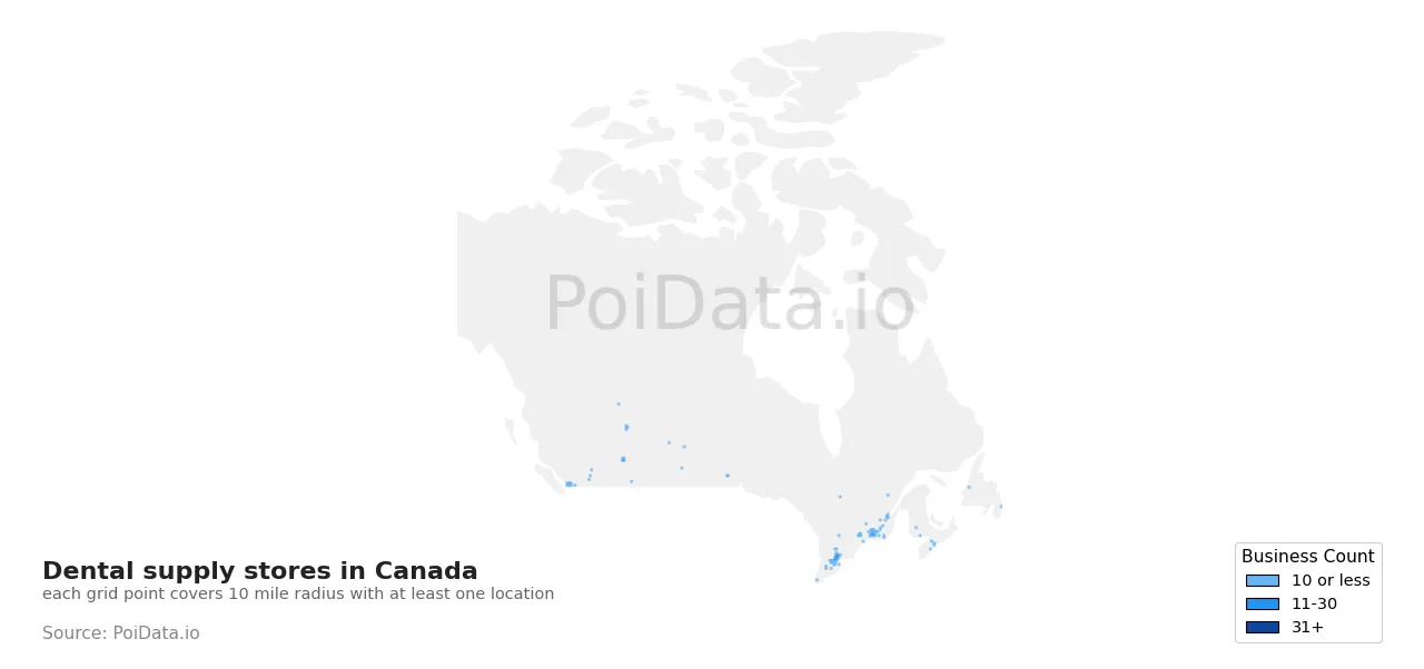 Dental supply store density map for Canada