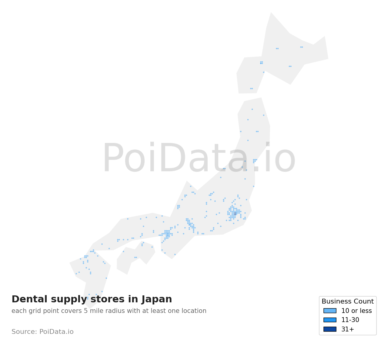 Dental supply store density map for Japan