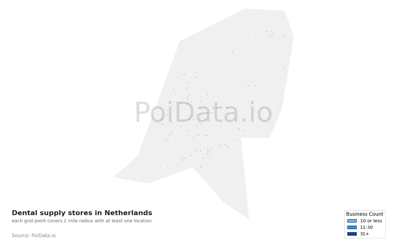 Dental supply store density map for Netherlands