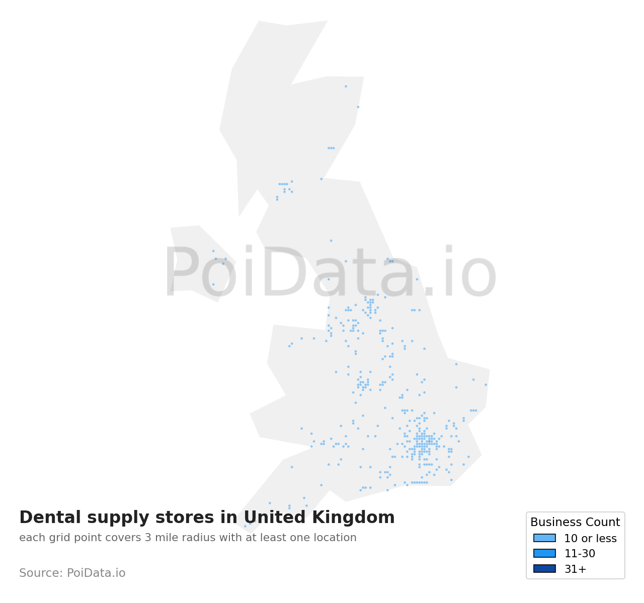 Dental supply store density map for United Kingdom