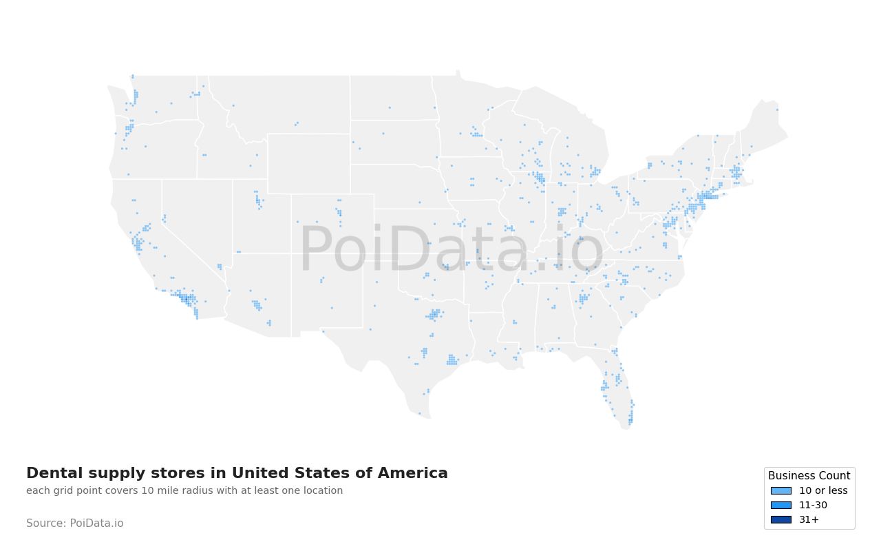 Dental supply store density map for United States