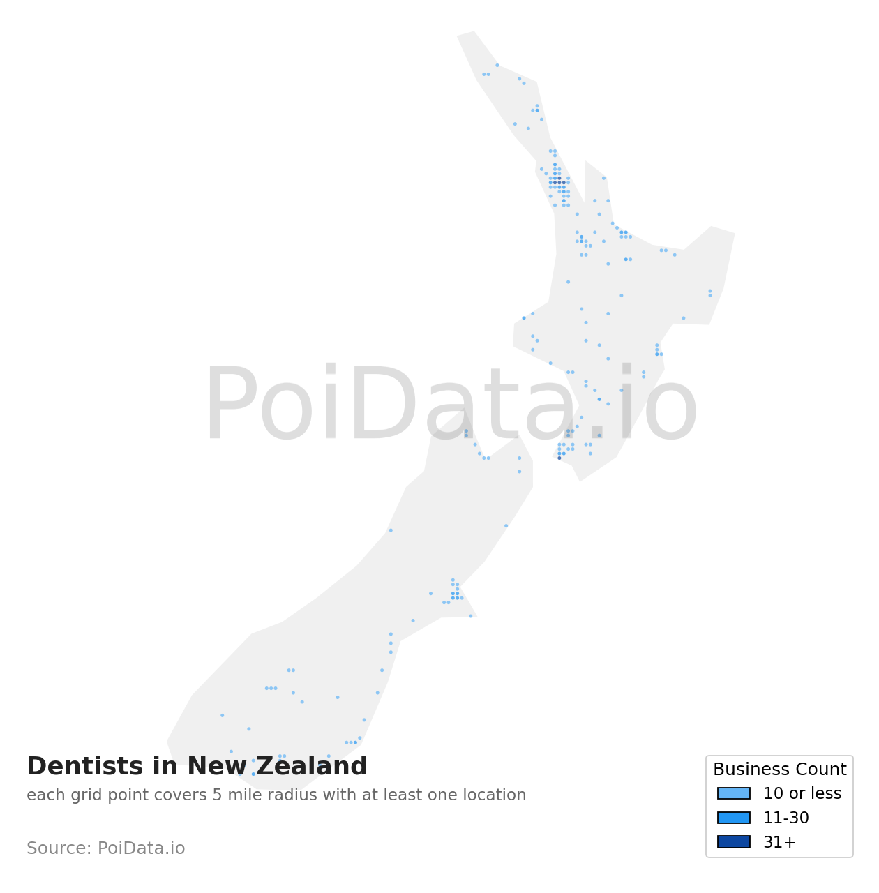 Dentist density map for New Zealand