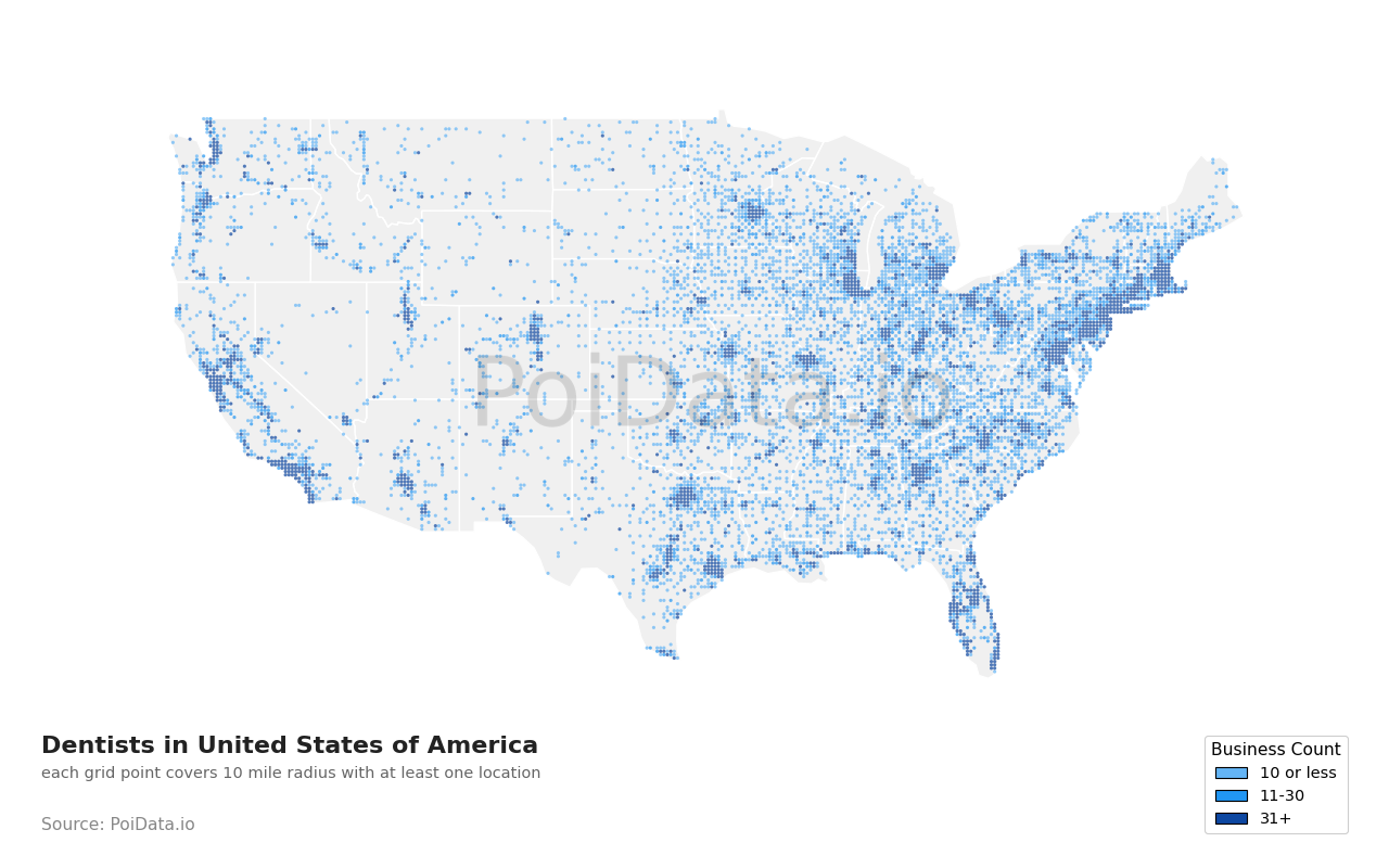 Dentist density map for United States