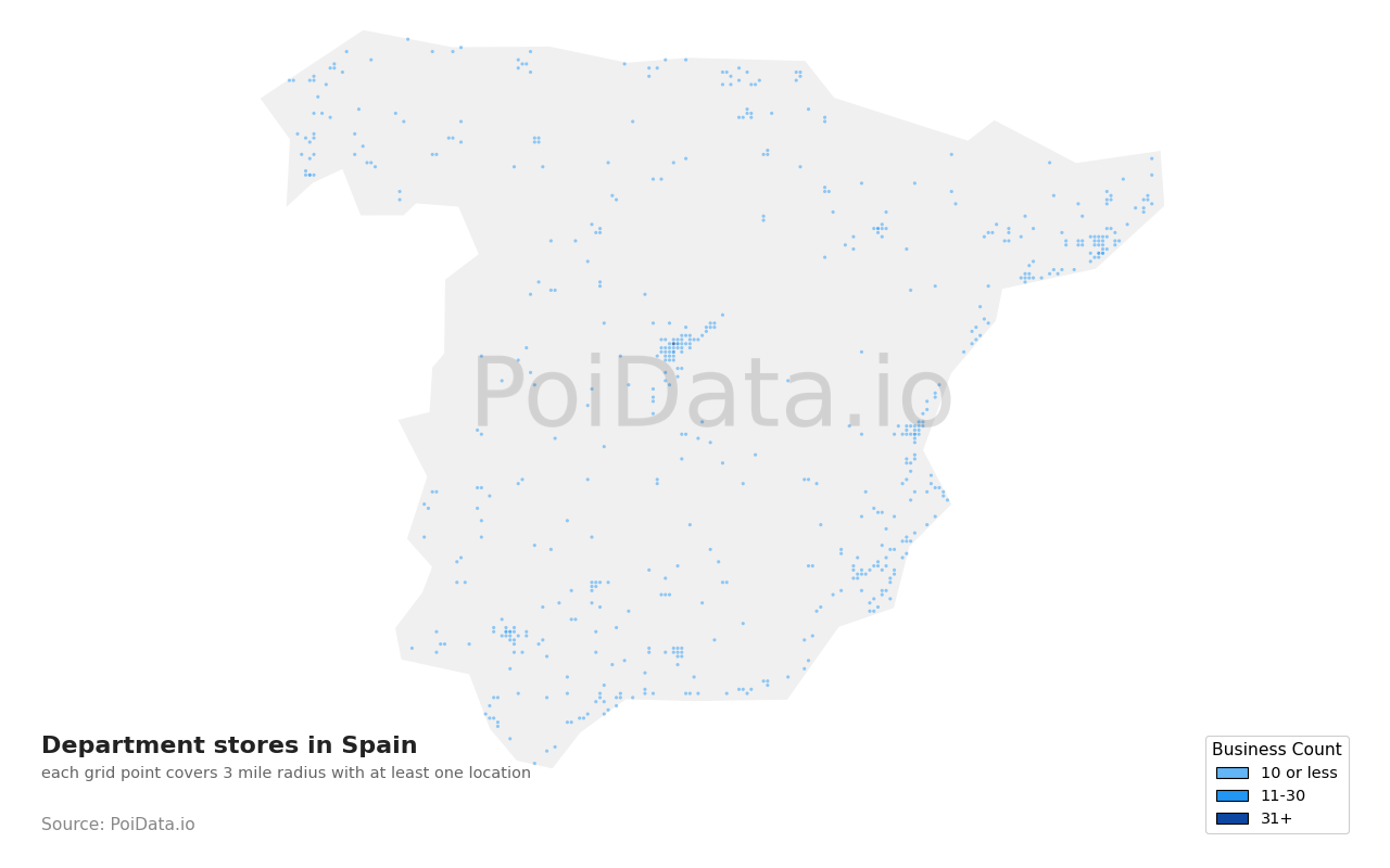 Department store density map for Spain