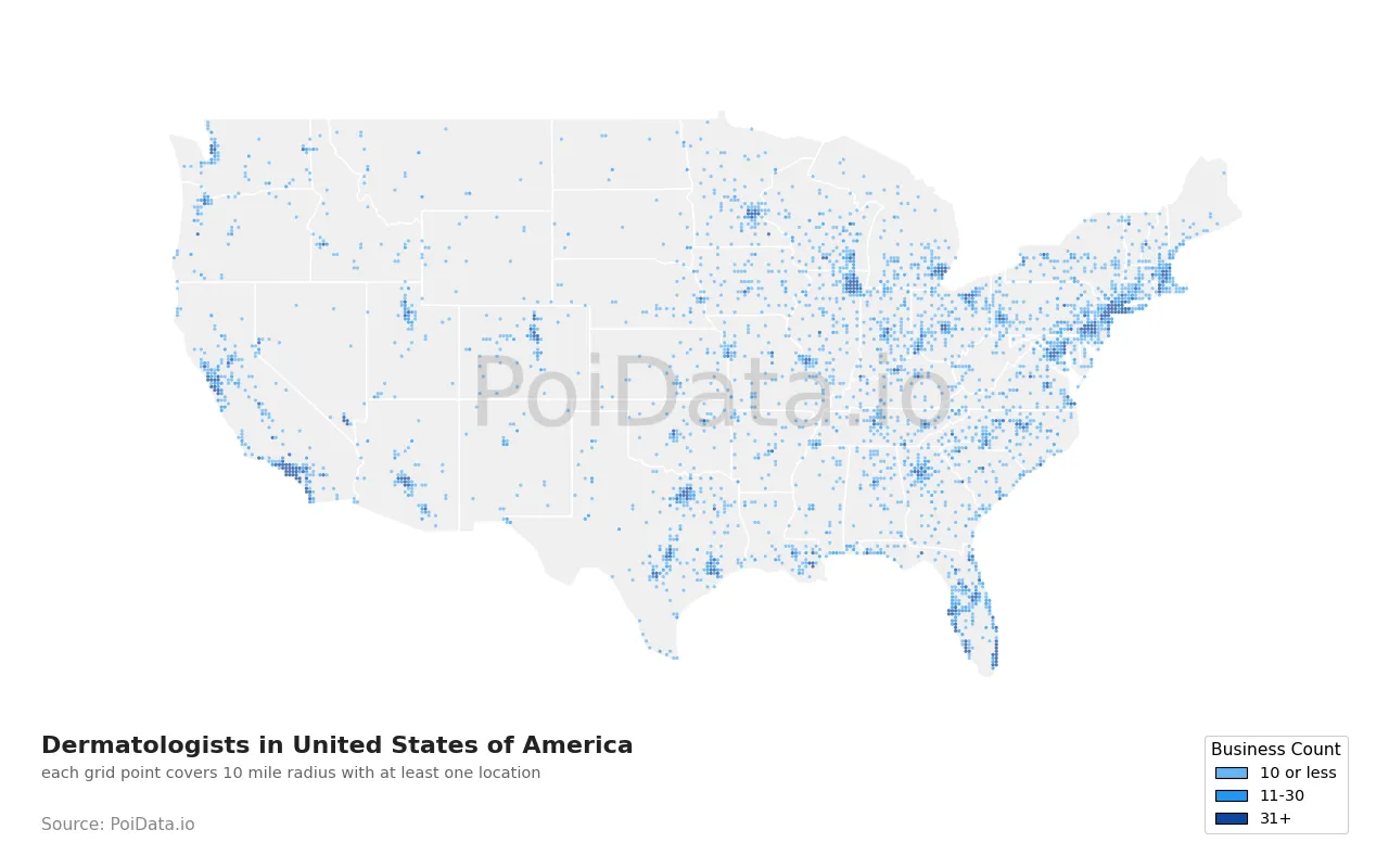 Dermatologist density map for United States