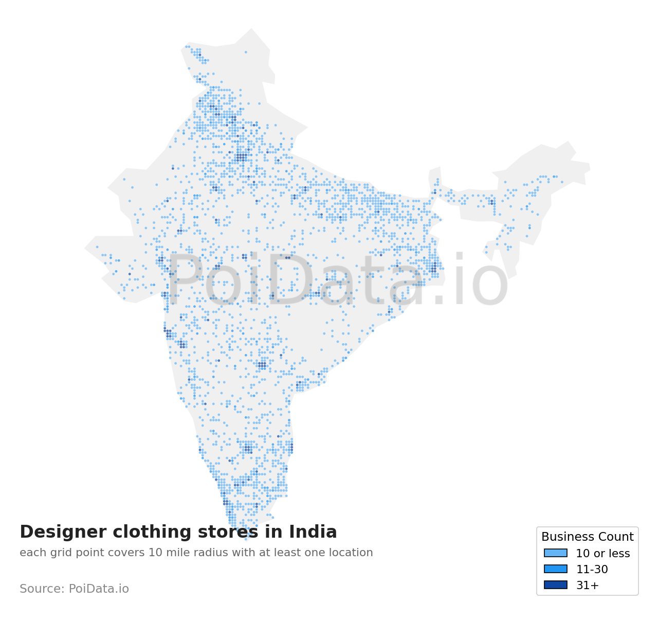 Designer clothing store density map for India