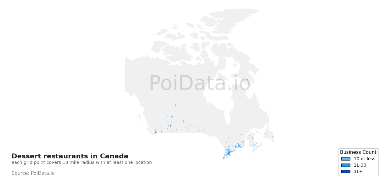 Dessert restaurant density map for Canada
