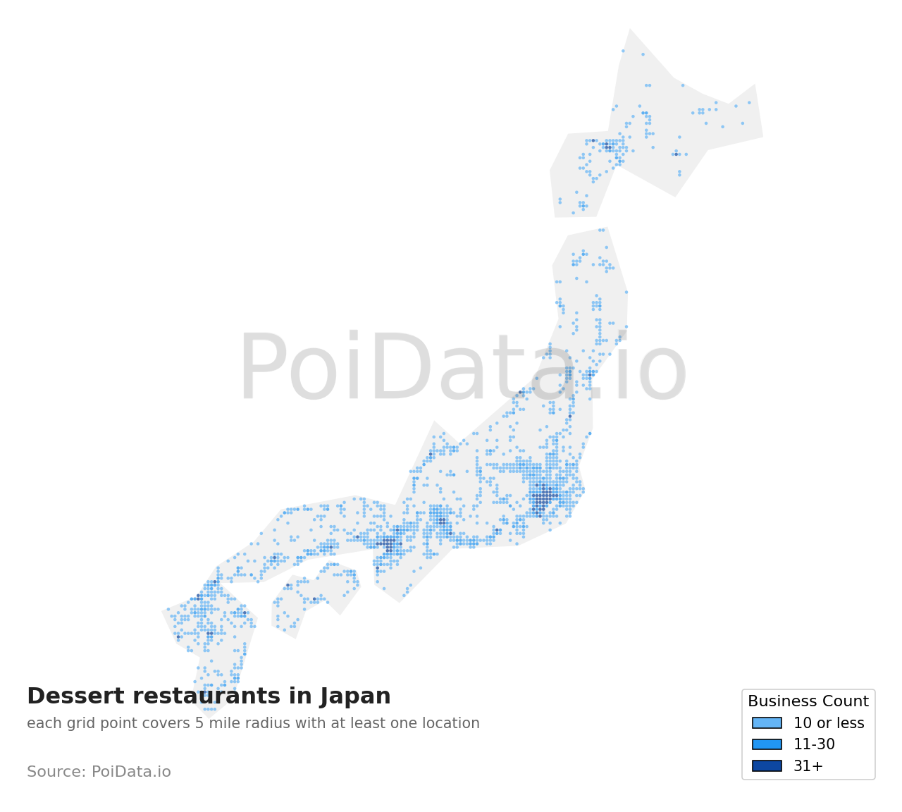 Dessert restaurant density map for Hokkaido, Japan