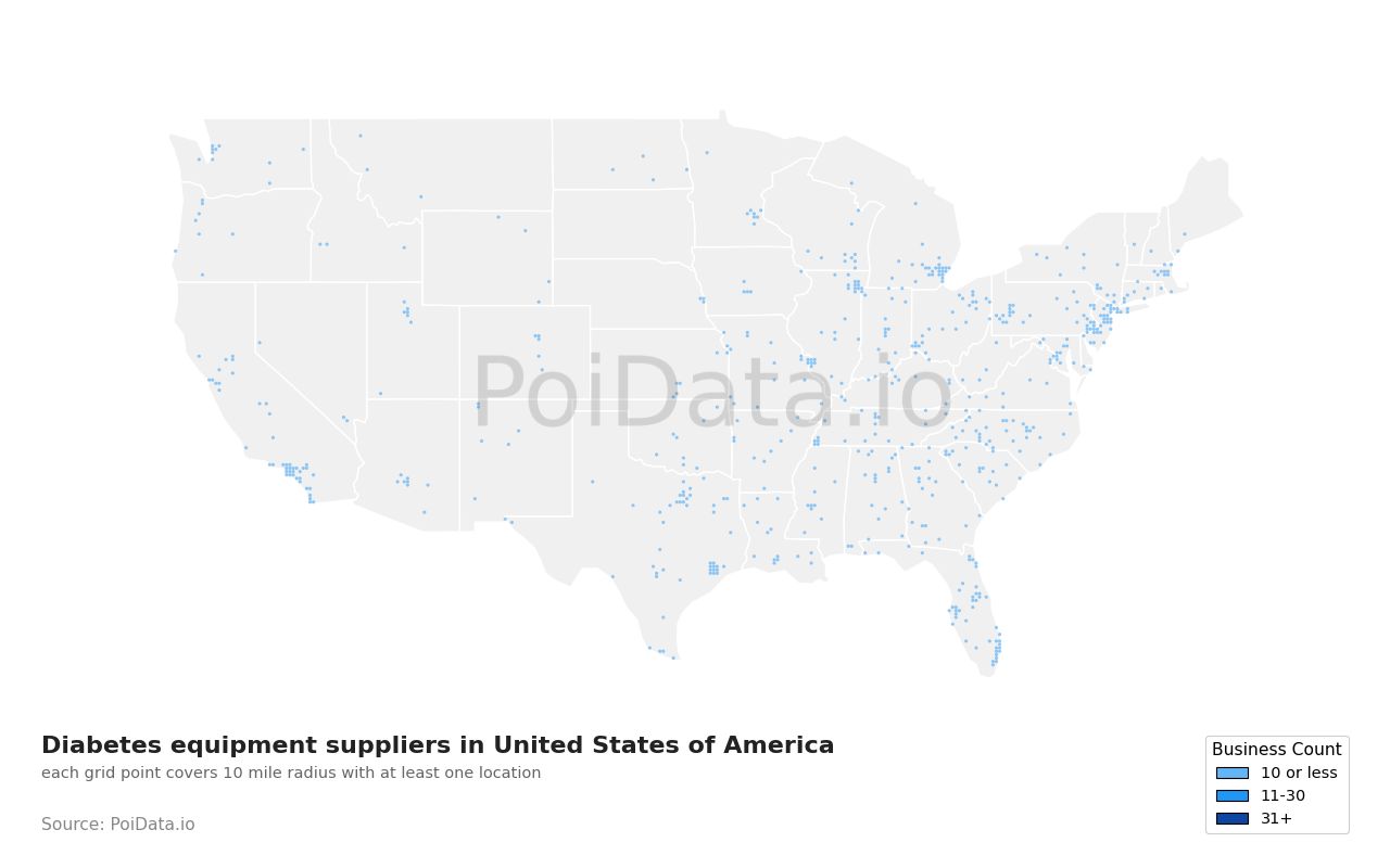 Diabetes equipment supplier density map for California, United States