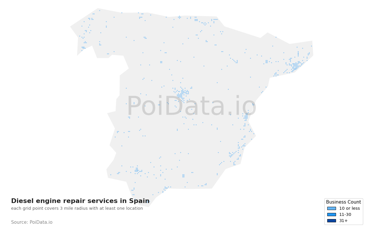 Diesel engine repair service density map for Spain