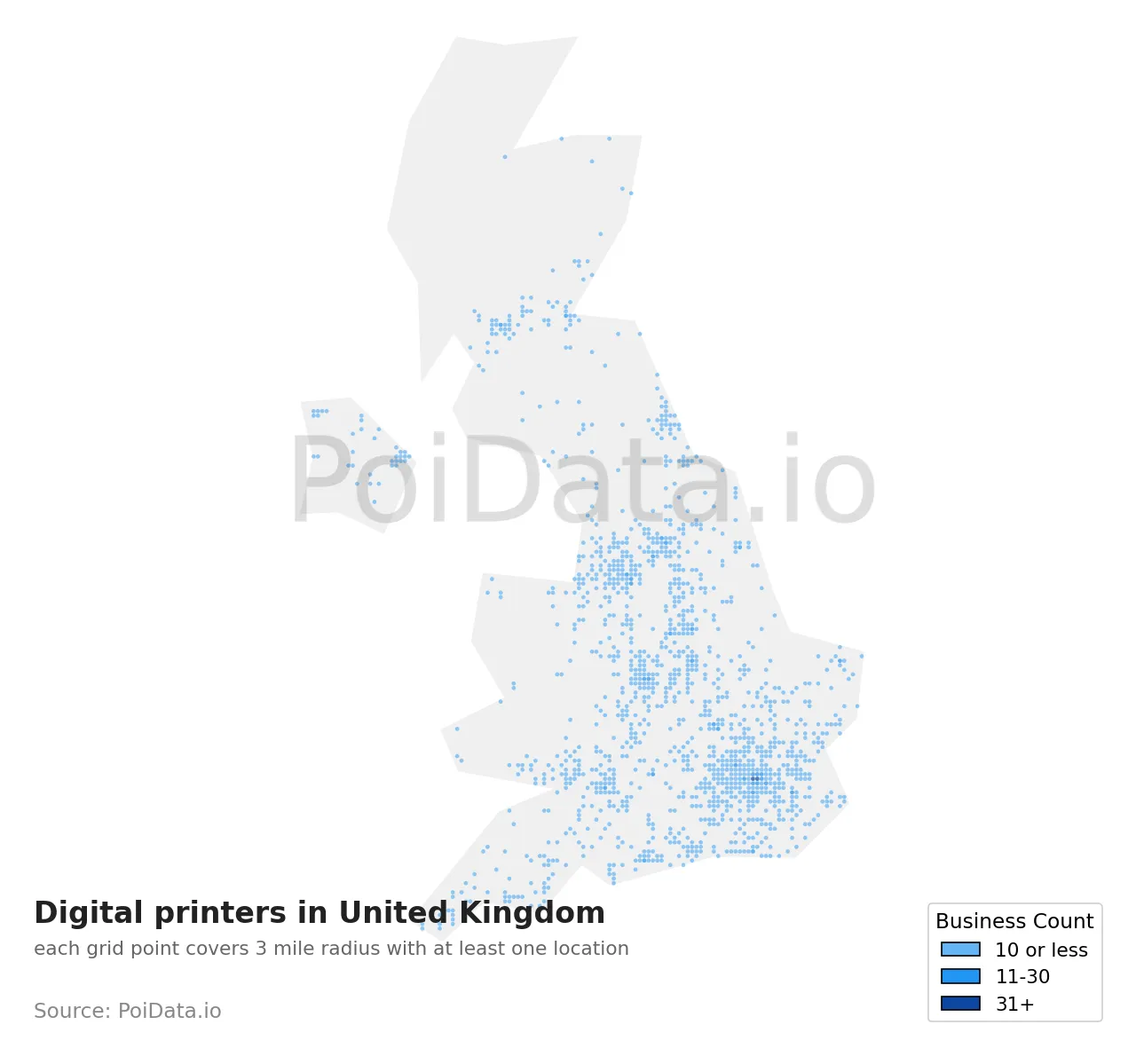 Digital printer density map for United Kingdom