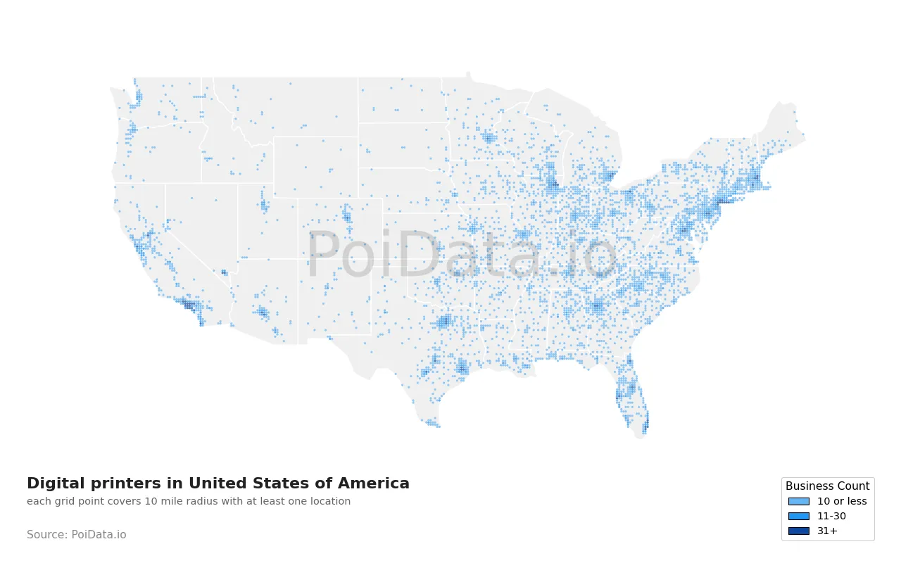 Digital printer density map for United States