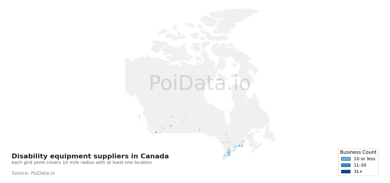 Disability equipment supplier density map for Canada