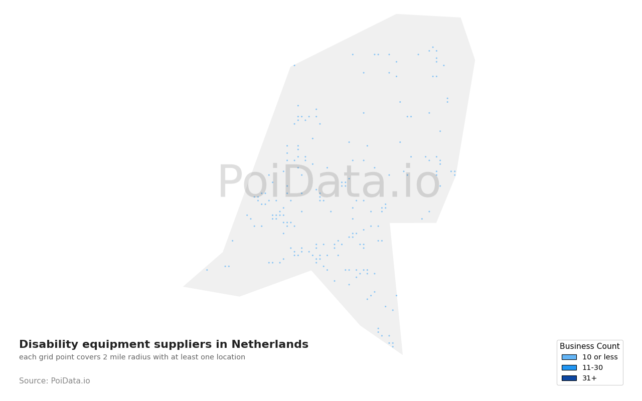 Disability equipment supplier density map for Netherlands