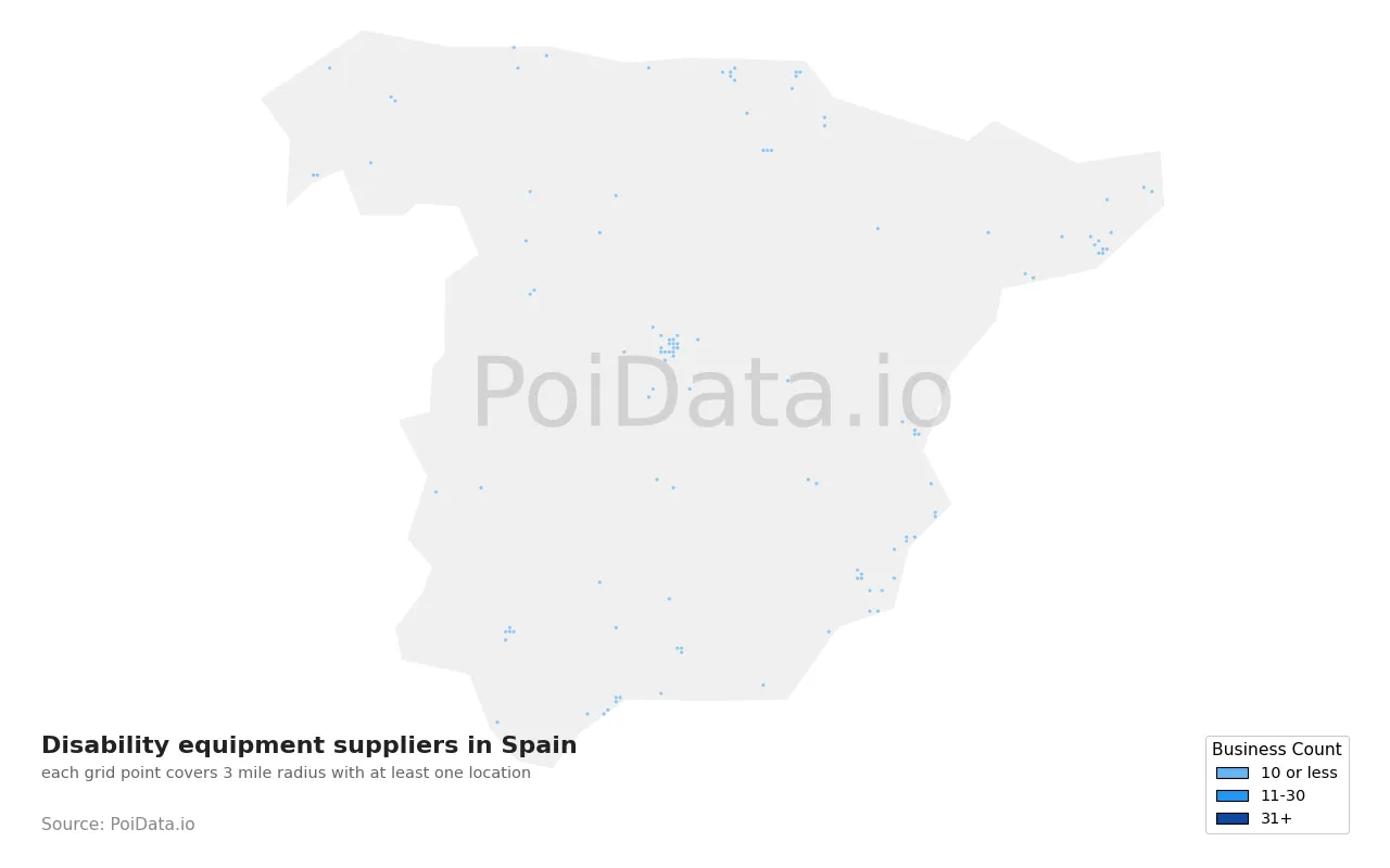 Disability equipment supplier density map for Spain