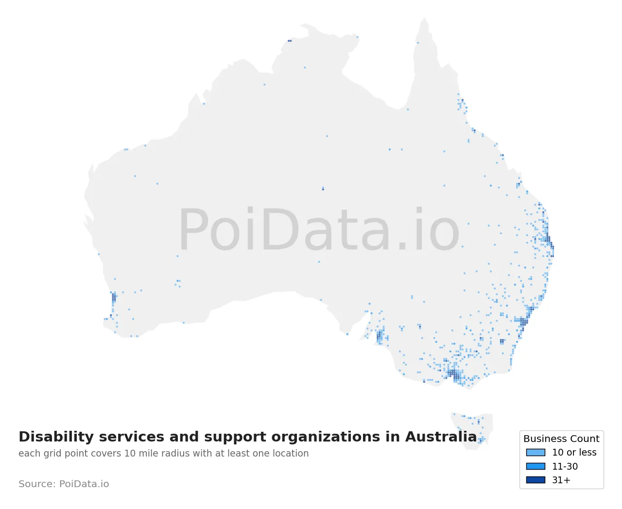 Disability services and support organization density map for Australia