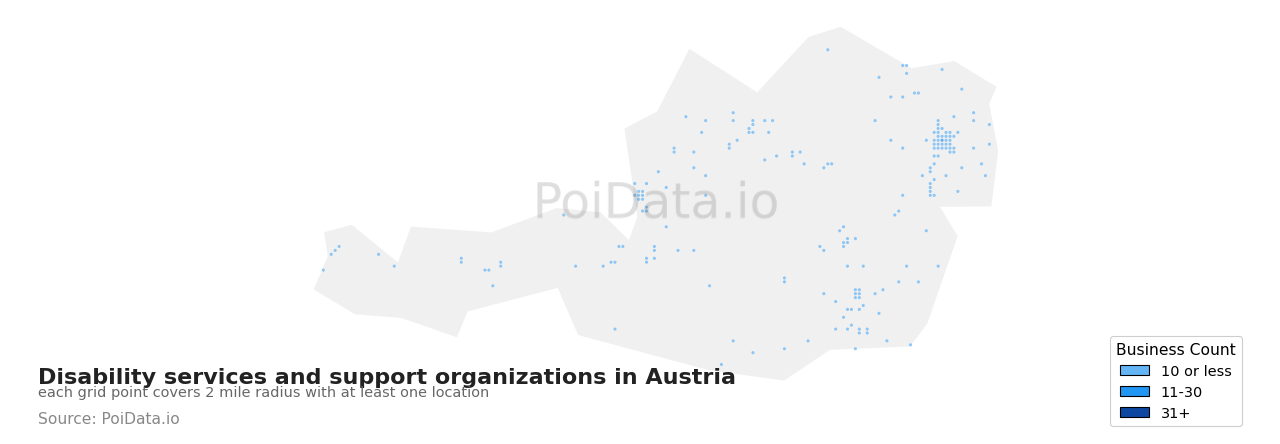 Disability services and support organization density map for Austria