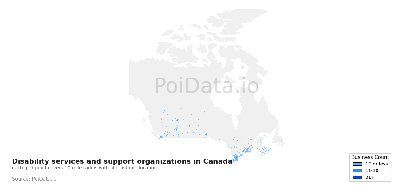 Disability services and support organization density map for Canada