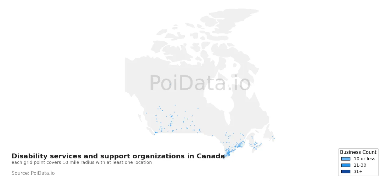 Disability services and support organization density map for Canada