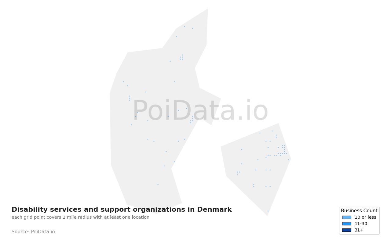 Disability services and support organization density map for Denmark