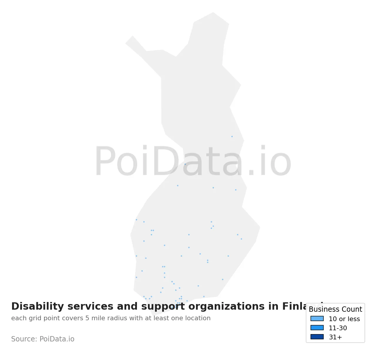 Disability services and support organization density map for Finland