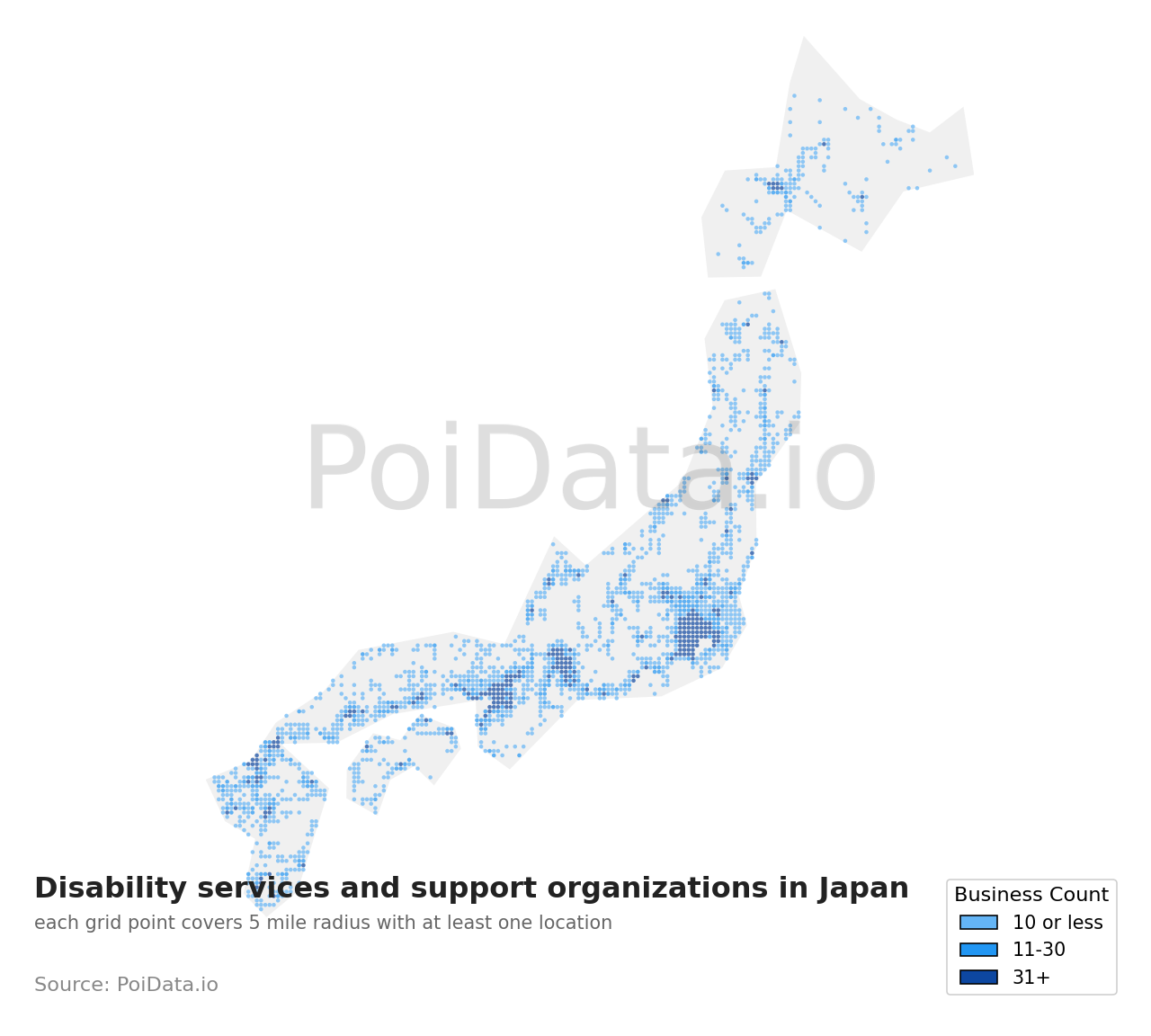 Disability services and support organization density map for Kanagawa, Japan