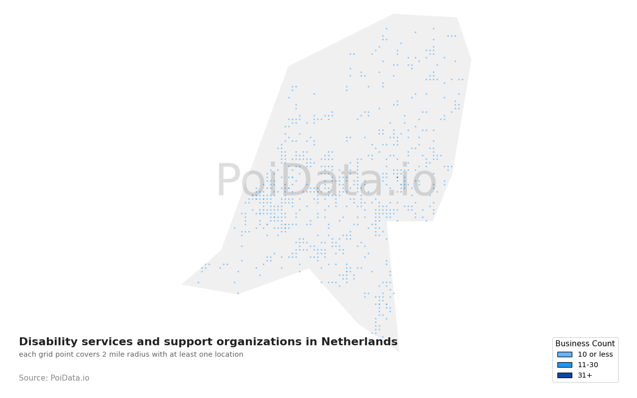 Disability services and support organization density map for Netherlands