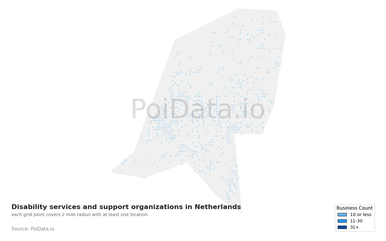 Disability services and support organization density map for Netherlands