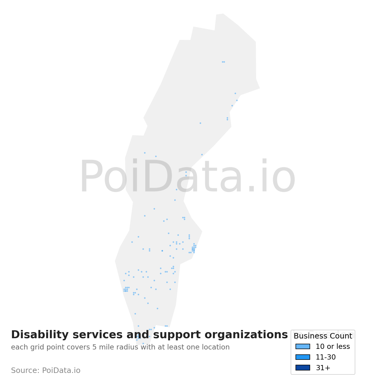 Disability services and support organization density map for Sweden
