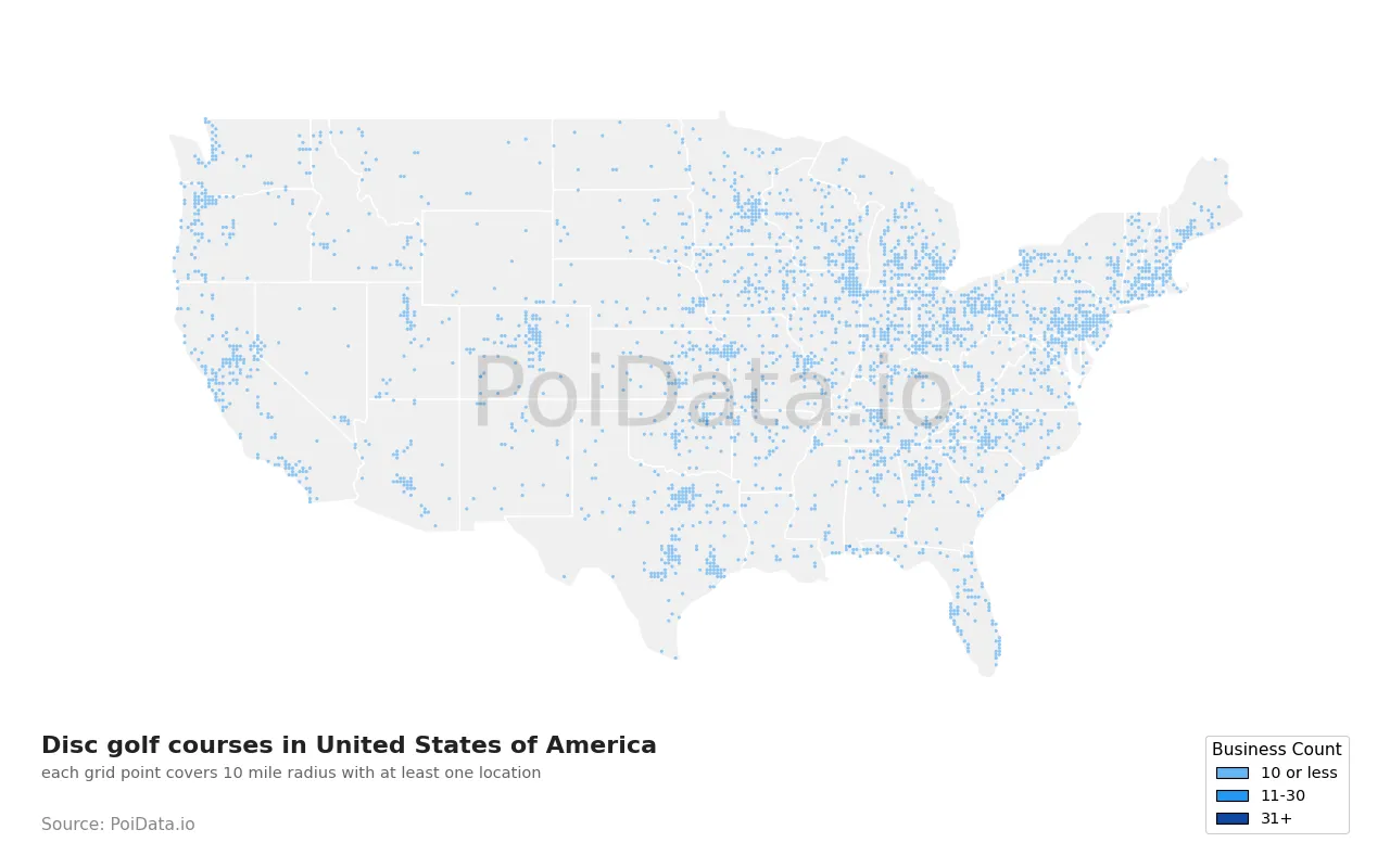 Disc golf course density map for United States
