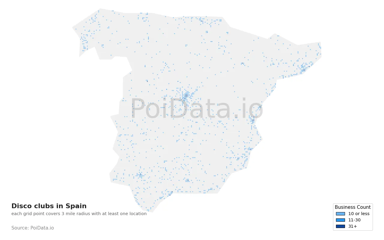 Disco club density map for Spain