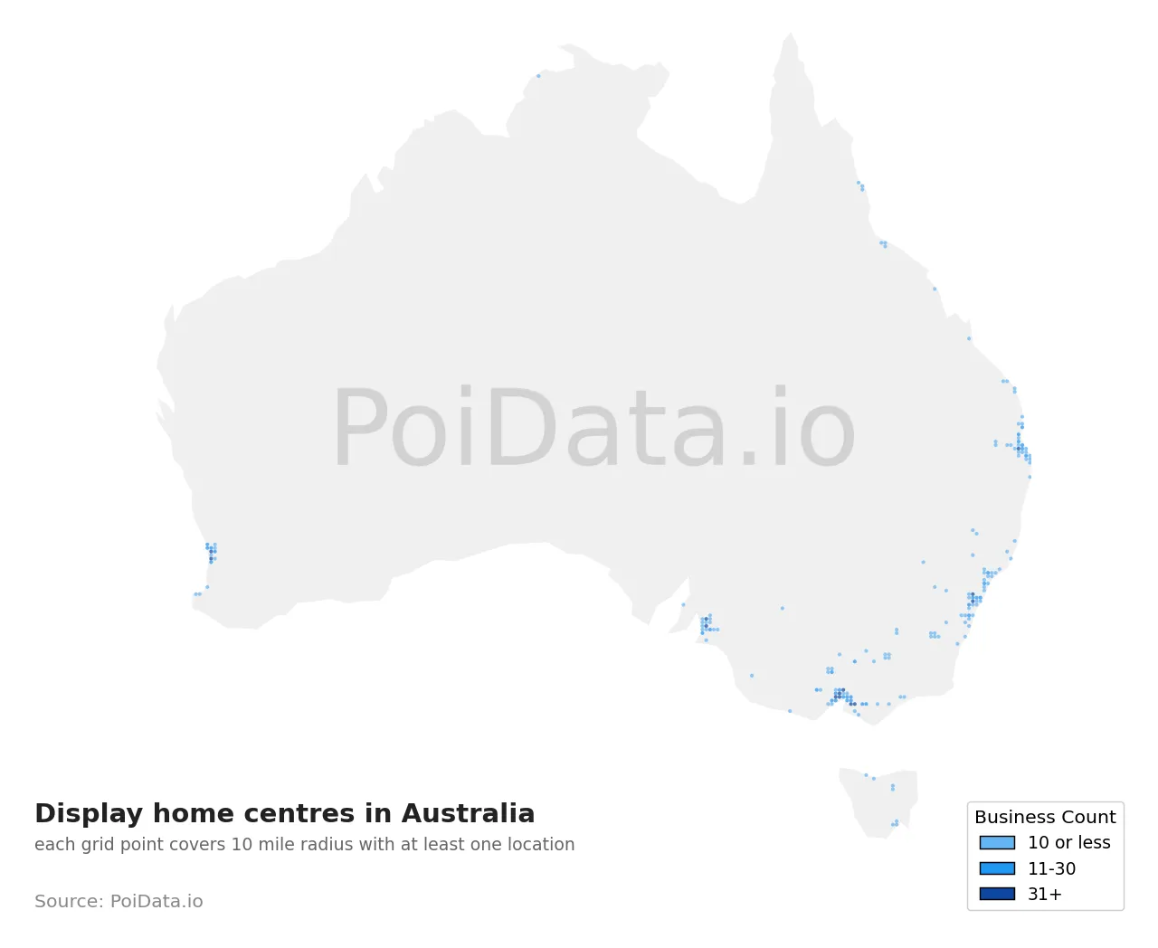 Display home centre density map for Australia