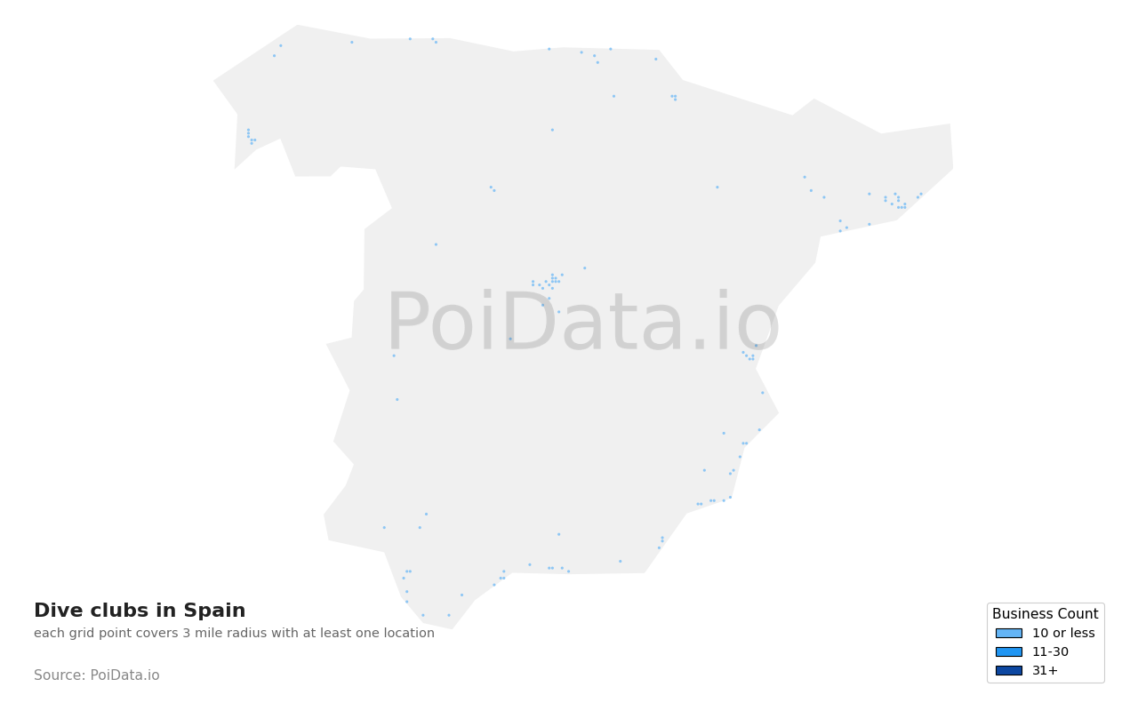 Dive club density map for Spain