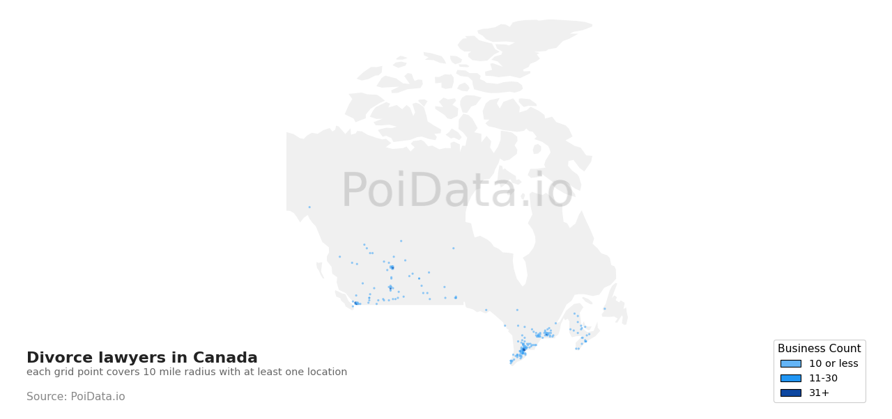Divorce lawyer density map for Canada