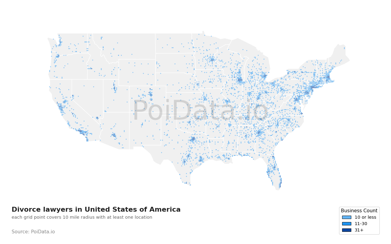 Divorce lawyer density map for Texas, United States