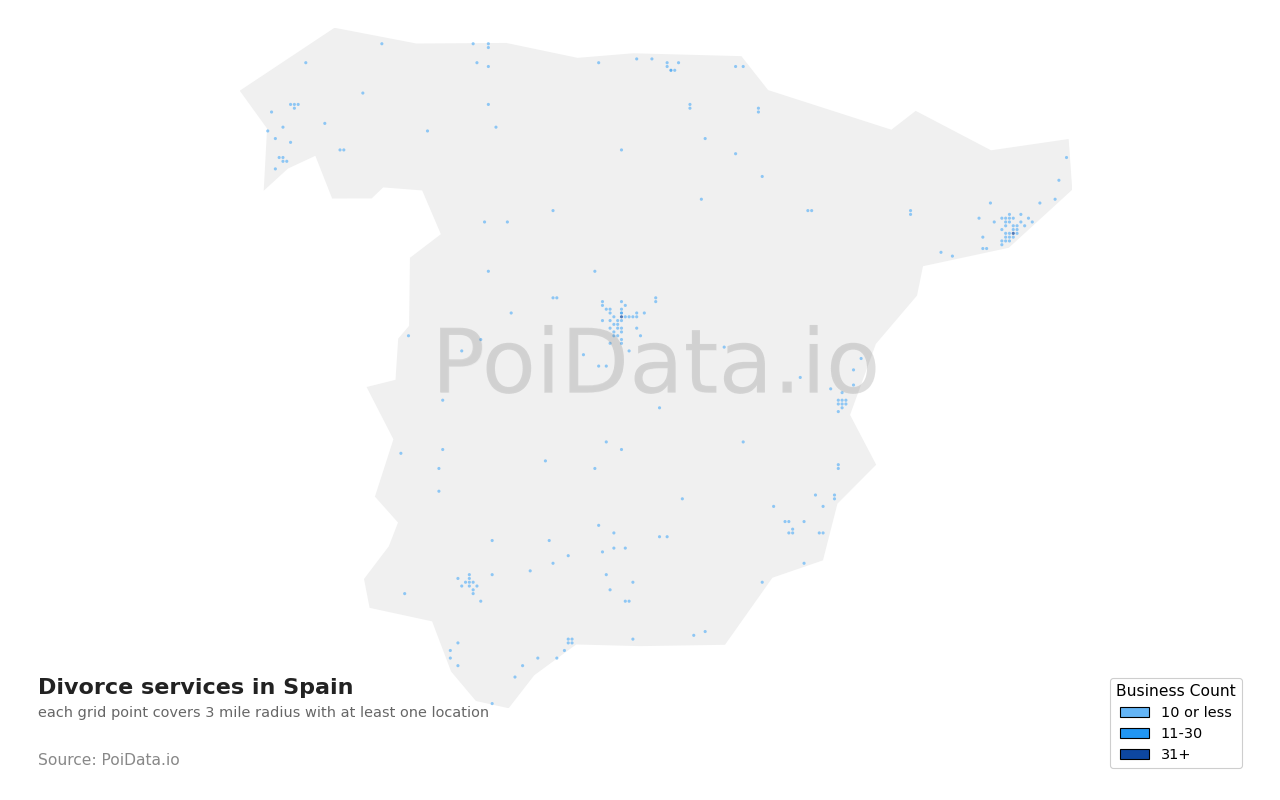 Divorce service density map for Spain