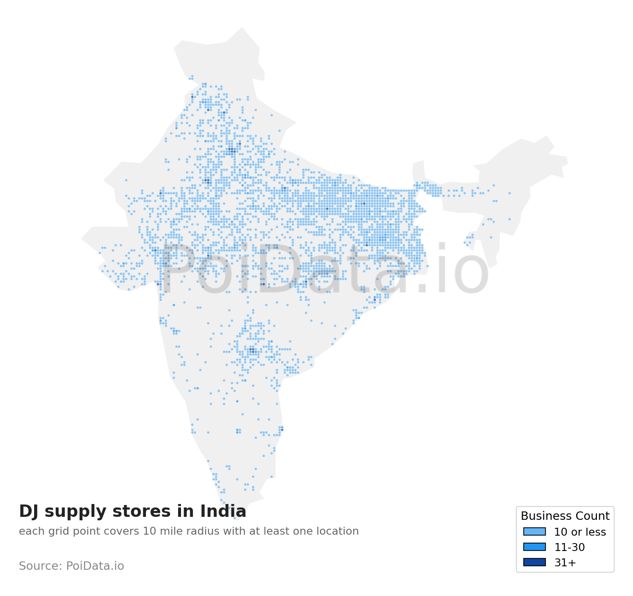 DJ supply store density map for India