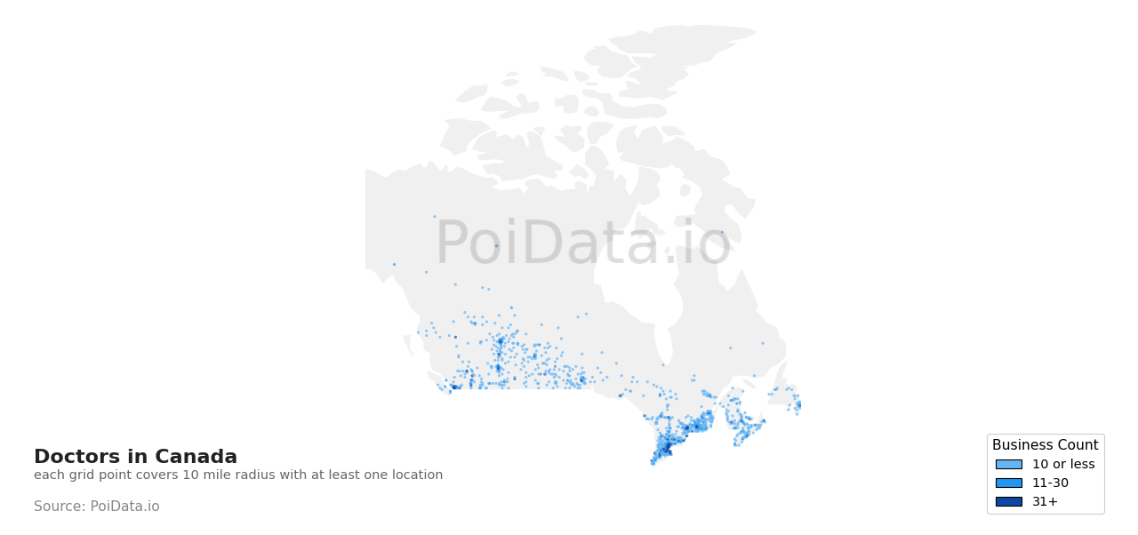 Doctor density map for Canada
